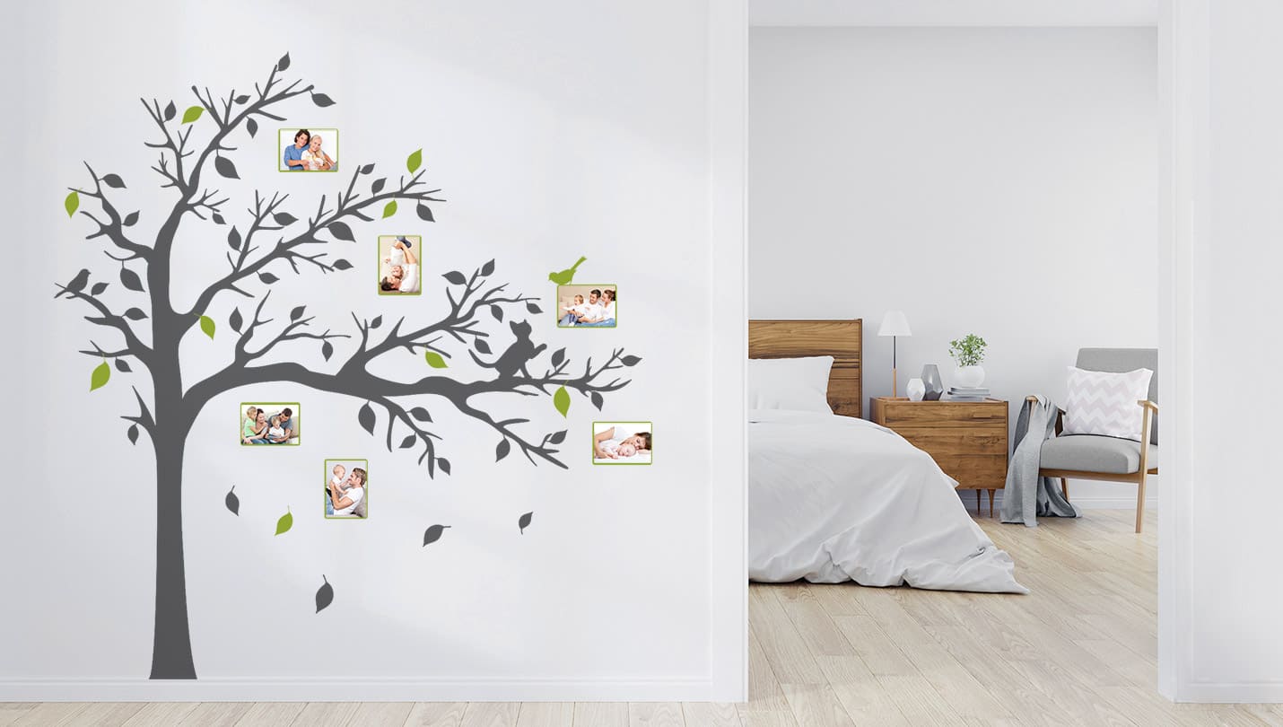 180 x 250 cm und Vogelmotiv mit acht Bilderrahmen Schwarz 16pcs frame tree Rainbox Fox Großes Wandtattoo mit Baum