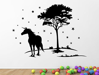 Wandtattoo Landschaft mit Einhorn und Sternen