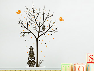 Wandtattoo Baum mit Eulen und Herzen