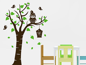 Wandtattoo Baum mit Eule und Vogelfamilie