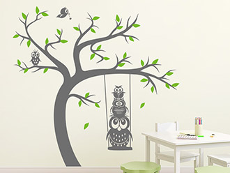 Wandtattoo Baum mit Schaukel und Eulen