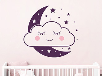 Wandtattoo Wolkengesicht mit Mond und Sternen