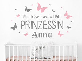 Wandtattoo Prinzessin mit Name und Schmetterlingen