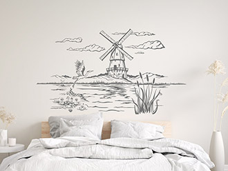 Wandtattoo Landschaft mit Windmühle und Kranich