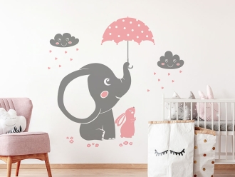 Wandtattoo Elefant und Hase mit Wolken