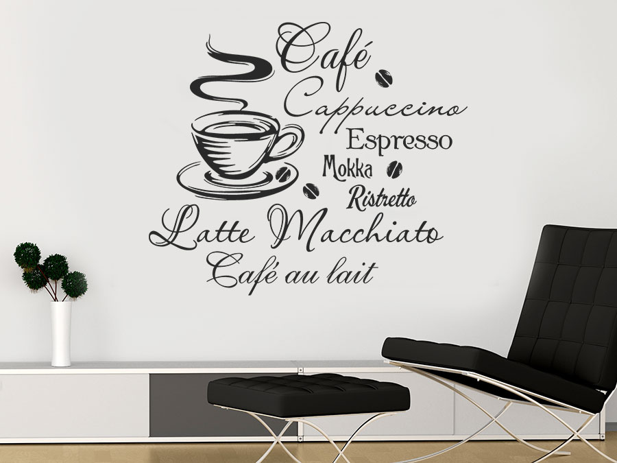 Wandtattoo Kaffee Mit Kaffeetasse Und Kaffeesorten Wandtattoo De