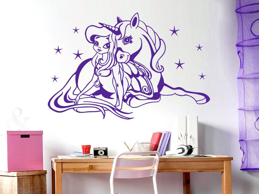 Wandtattoo Prinzessin mit Einhorn