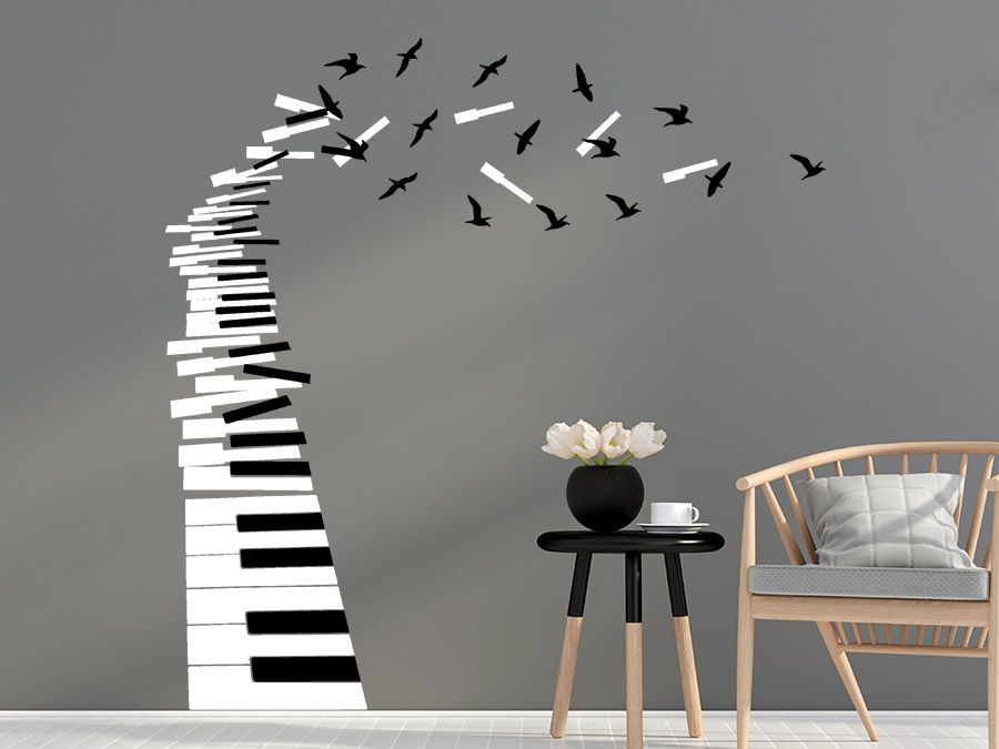 Wandtattoo Klaviertasten mit Vögeln