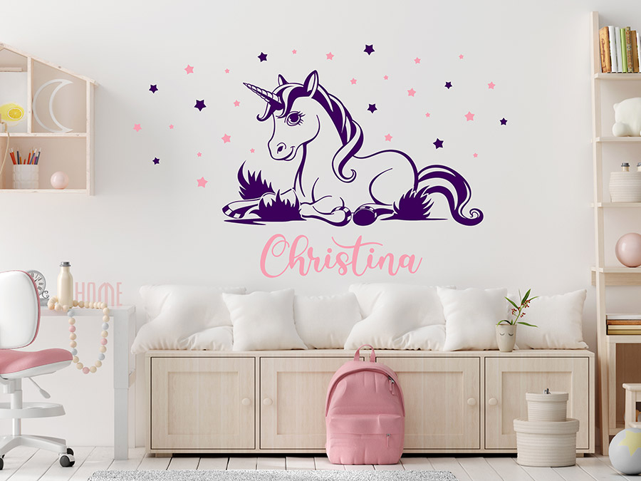 Wandtattoo Einhorn mit Name und Sternen