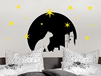 Wandtattoo Mond mit Katze und Sternen im Schlafzimmer
