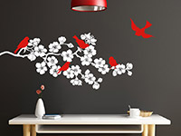 Zweifarbiges Wandtattoo Blühender Zweig mit Vögeln in weiß und rot