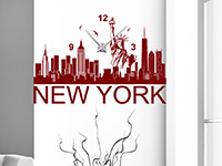 Wanduhr Wandtattoo Uhr New York Skyline in rot