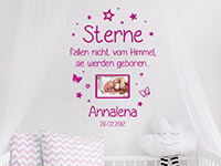 Wandtattoo Fotorahmen Sterne fallen nicht... mit Name und Datum  im Kinderzimmer