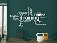 Wandtattoo Fitness Training Wortwolke auf dunklem Hintergrund