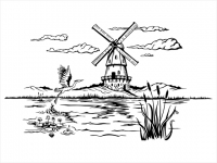 Wandtattoo Landschaft mit Windmühle und Kranich