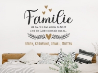 Wandtattoo Familie ist da mit Namen im Wohnzimmer