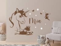 Wandtattoo Einhorn mit Fee und Name im Kinderzimmer