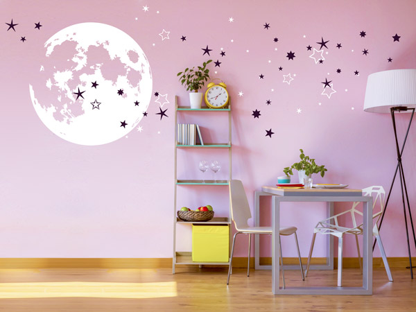 Wandtattoo Vollmond mit Sternen im rosa Mädchenzimmer