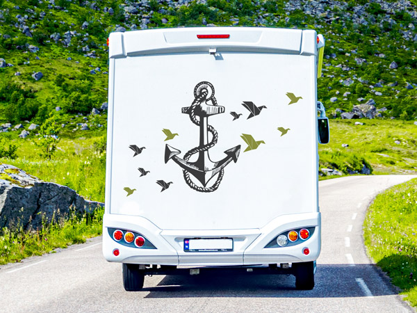 Wandtattoo Camper mit Anker und Vögeln