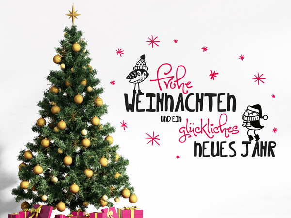 Wandtattoo Frohe Weihnachten mit süßen Vögeln