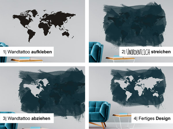 Wandtattoo Schablone Streichen als Weltkarte im Grunge Look