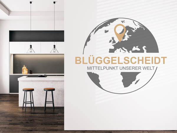 Wandtattoo Blüggelscheidt - Mittelpunkt unserer Welt mit Pin im Globus