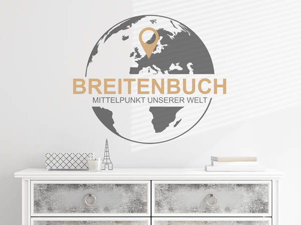 Wandtattoo Breitenbuch - Mittelpunkt unserer Welt mit Pin im Globus