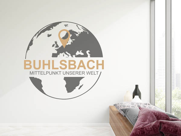 Wandtattoo Buhlsbach - Mittelpunkt unserer Welt mit Pin im Globus