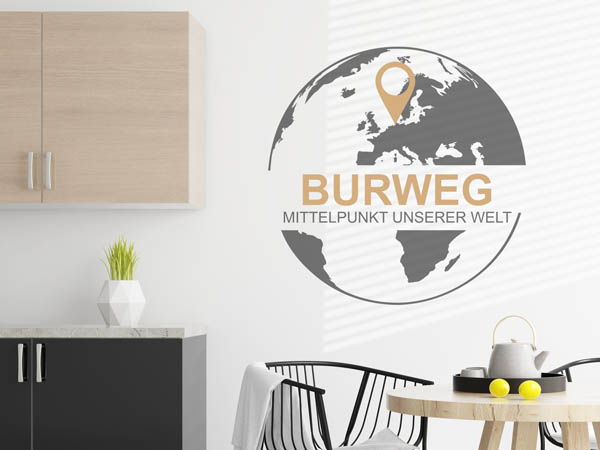 Wandtattoo Burweg - Mittelpunkt unserer Welt mit Pin im Globus