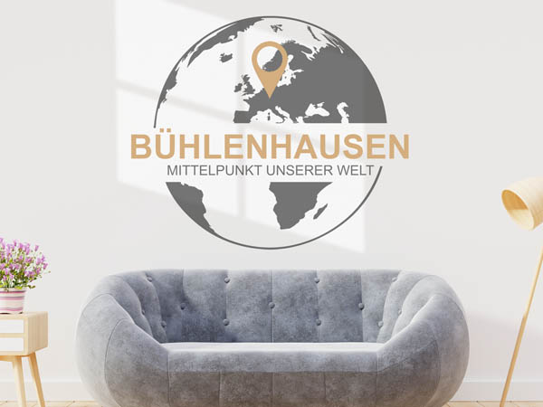 Wandtattoo Bühlenhausen - Mittelpunkt unserer Welt mit Pin im Globus