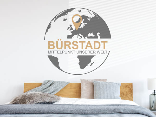 Wandtattoo Bürstadt - Mittelpunkt unserer Welt mit Pin im Globus