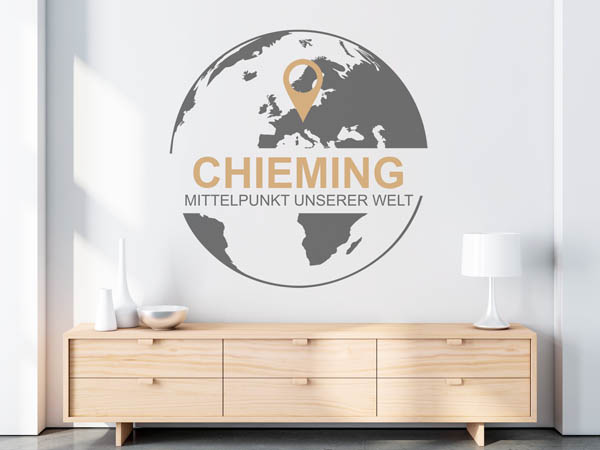 Wandtattoo Chieming - Mittelpunkt unserer Welt mit Pin im Globus