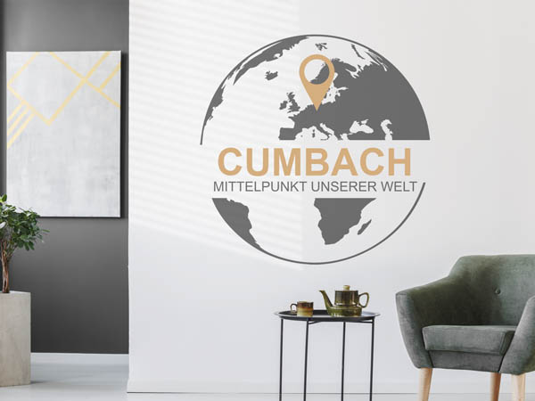 Wandtattoo Cumbach - Mittelpunkt unserer Welt mit Pin im Globus