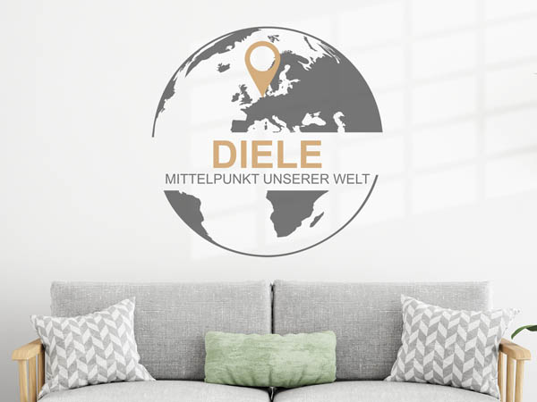 Wandtattoo Diele - Mittelpunkt unserer Welt mit Pin im Globus