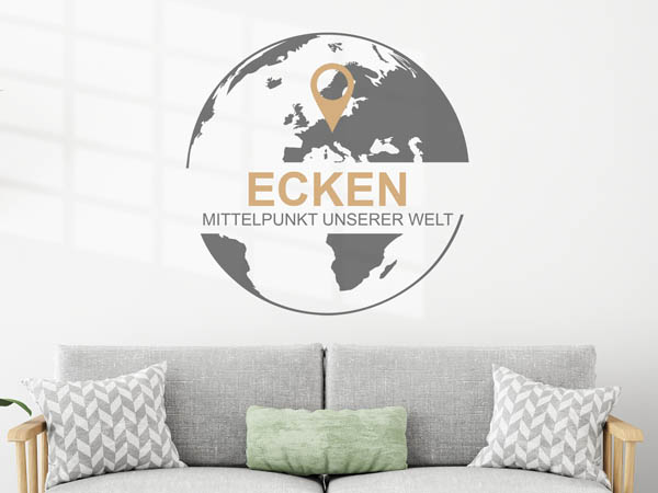 Wandtattoo Ecken - Mittelpunkt unserer Welt mit Pin im Globus