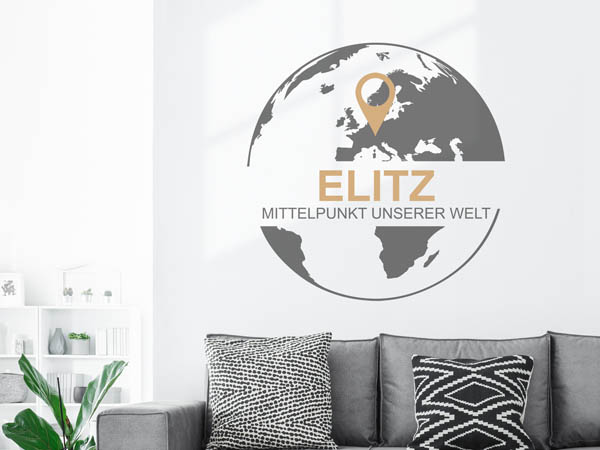 Wandtattoo Elitz - Mittelpunkt unserer Welt mit Pin im Globus