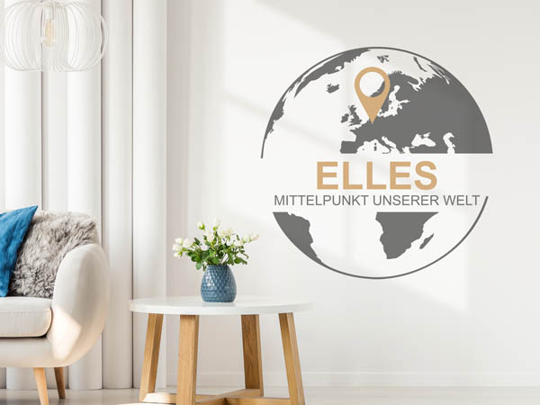Wandtattoo Elles - Mittelpunkt unserer Welt mit Pin im Globus