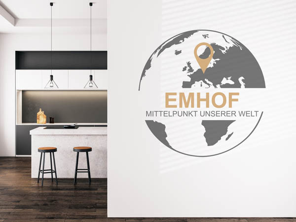 Wandtattoo Emhof - Mittelpunkt unserer Welt mit Pin im Globus