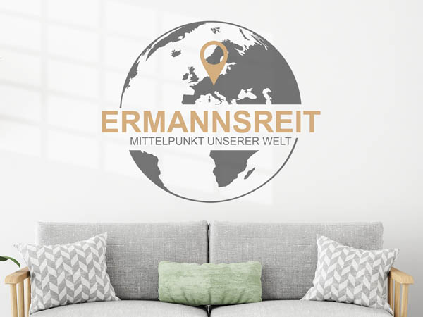 Wandtattoo Ermannsreit - Mittelpunkt unserer Welt mit Pin im Globus