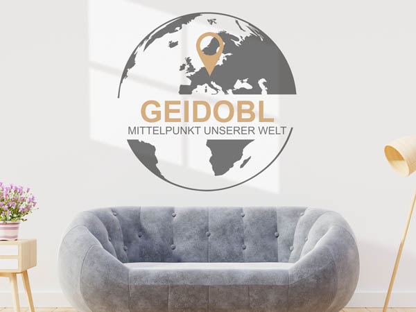 Wandtattoo Geidobl - Mittelpunkt unserer Welt mit Pin im Globus