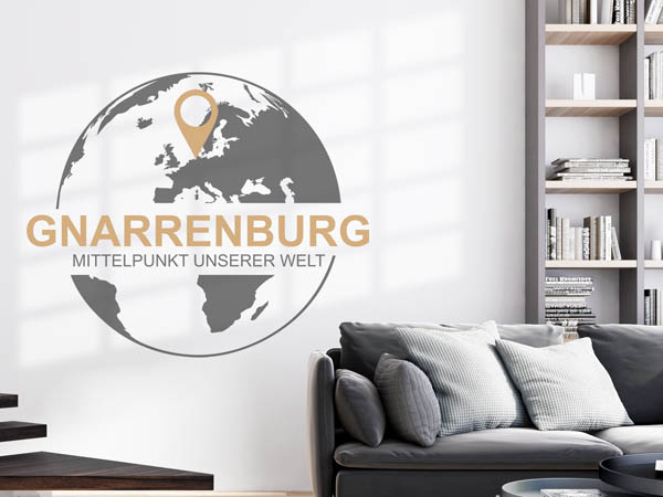 Wandtattoo Gnarrenburg - Mittelpunkt unserer Welt mit Pin im Globus