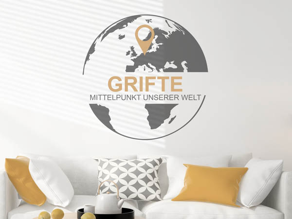 Wandtattoo Grifte - Mittelpunkt unserer Welt mit Pin im Globus