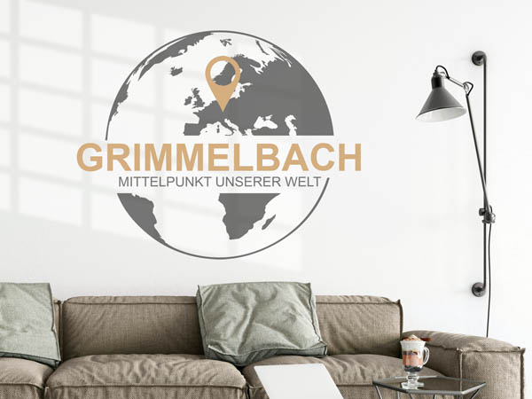 Wandtattoo Grimmelbach - Mittelpunkt unserer Welt mit Pin im Globus
