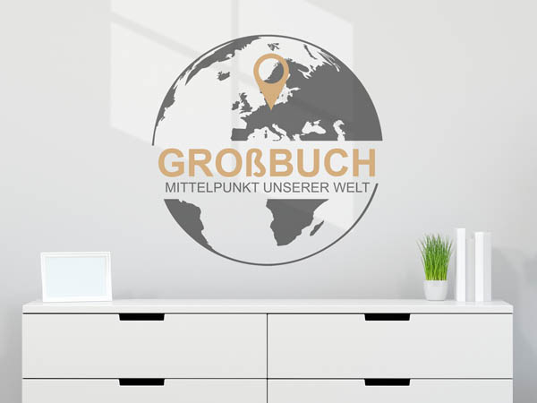 Wandtattoo Großbuch - Mittelpunkt unserer Welt mit Pin im Globus