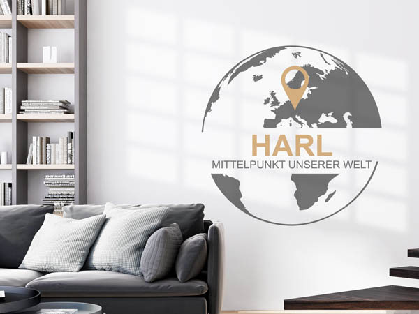 Wandtattoo Harl - Mittelpunkt unserer Welt mit Pin im Globus