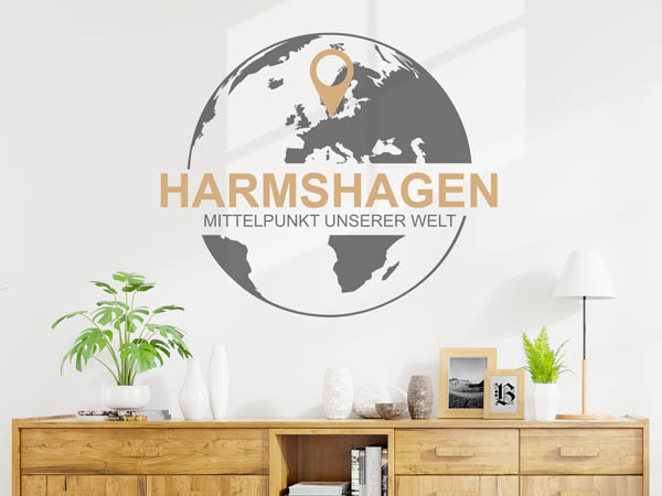 Wandtattoo Harmshagen - Mittelpunkt unserer Welt mit Pin im Globus