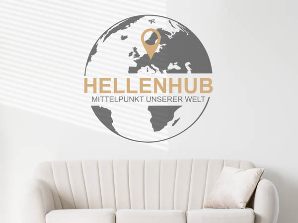 Wandtattoo Hellenhub - Mittelpunkt unserer Welt mit Pin im Globus