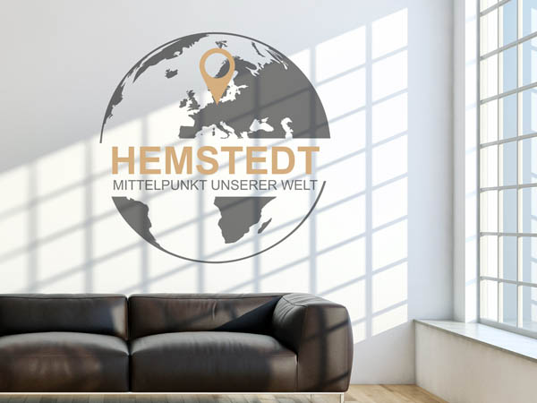 Wandtattoo Hemstedt - Mittelpunkt unserer Welt mit Pin im Globus