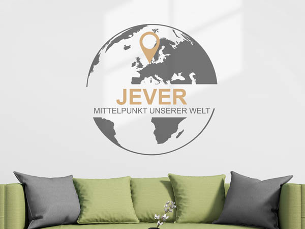 Wandtattoo Jever - Mittelpunkt unserer Welt mit Pin im Globus