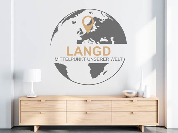 Wandtattoo Langd - Mittelpunkt unserer Welt mit Pin im Globus